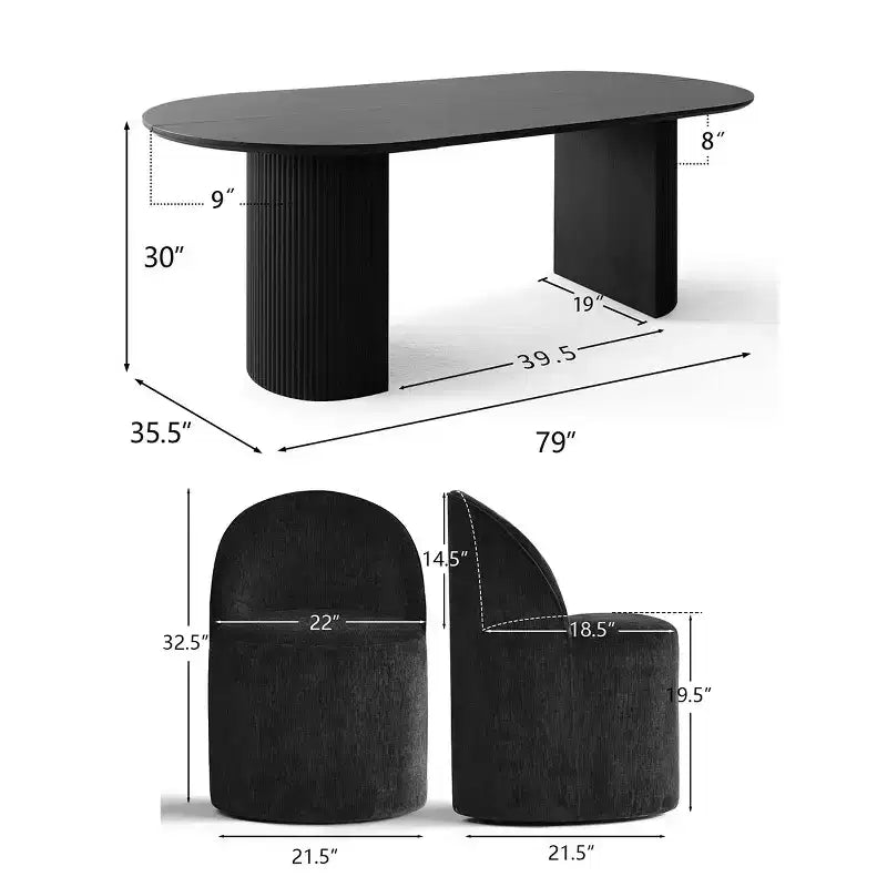 Set da pranzo per 6 persone, tavolo ovale nero, sedie da pranzo imbottite con ruote piroettanti, ciniglia testurizzata da 360gsm - Panipeachy