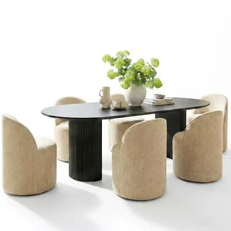 Set da pranzo per 6 persone, tavolo ovale nero, sedie da pranzo imbottite con ruote piroettanti, ciniglia testurizzata da 360gsm - Panipeachy