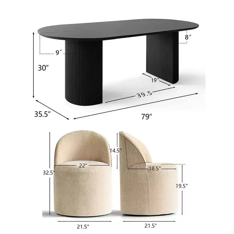 Set da pranzo per 6 persone, tavolo ovale nero, sedie da pranzo imbottite con ruote piroettanti, ciniglia testurizzata da 360gsm - Panipeachy