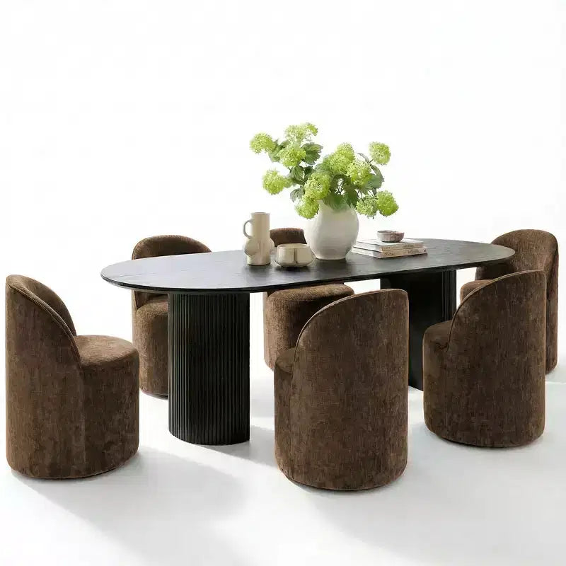 Set da pranzo per 6 persone, tavolo ovale nero, sedie da pranzo imbottite con ruote piroettanti, ciniglia testurizzata da 360gsm - Panipeachy