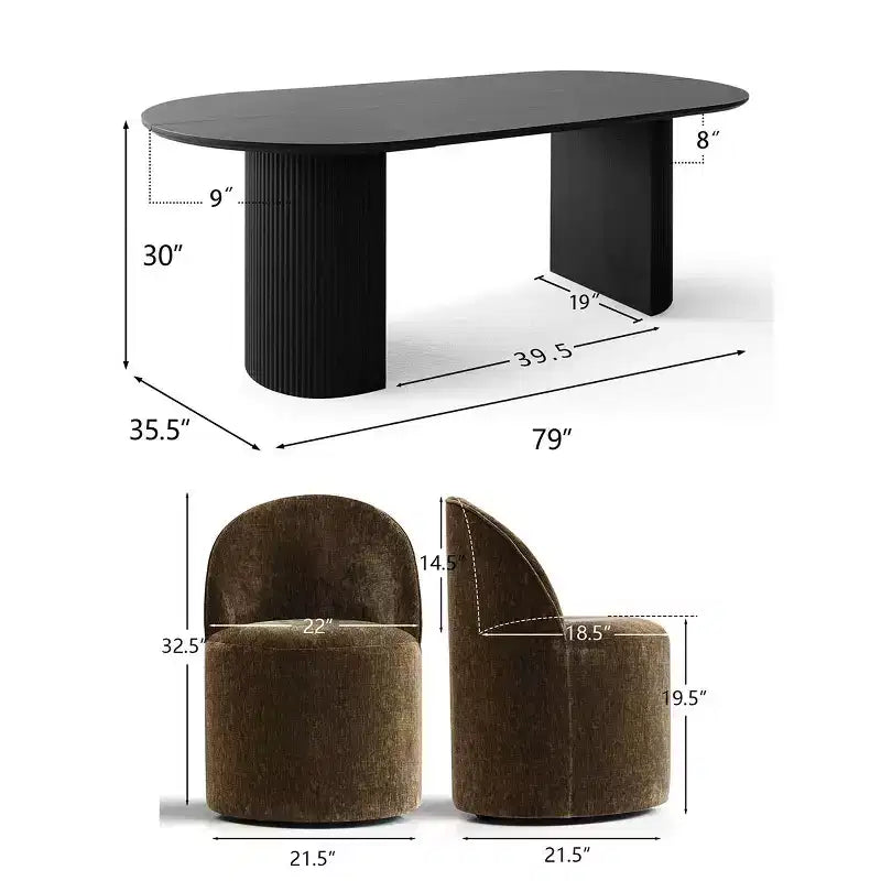 Set da pranzo per 6 persone, tavolo ovale nero, sedie da pranzo imbottite con ruote piroettanti, ciniglia testurizzata da 360gsm - Panipeachy
