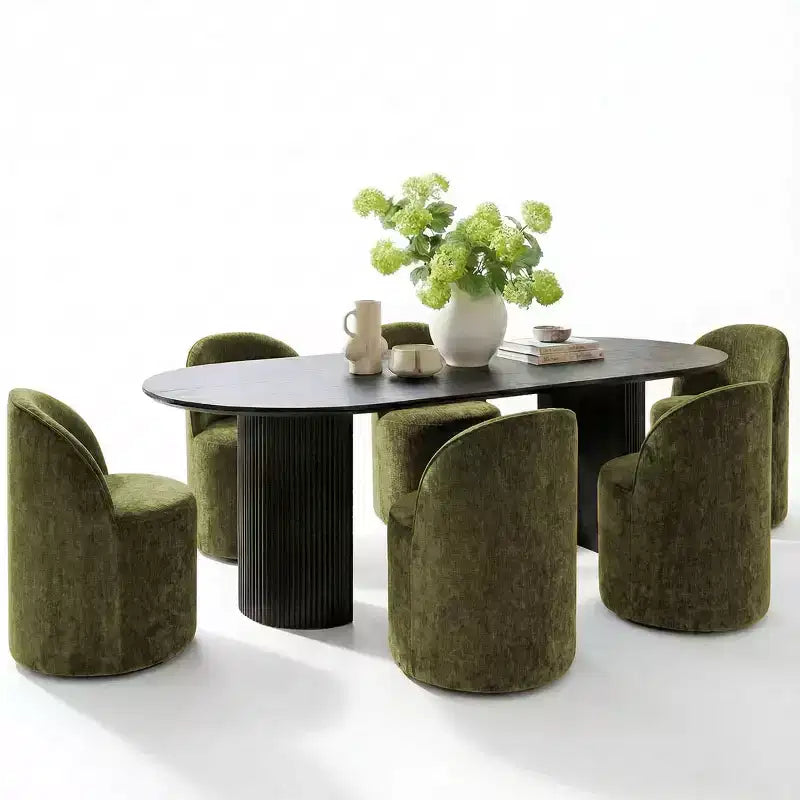 Set da pranzo per 6 persone, tavolo ovale nero, sedie da pranzo imbottite con ruote piroettanti, ciniglia testurizzata da 360gsm - Panipeachy