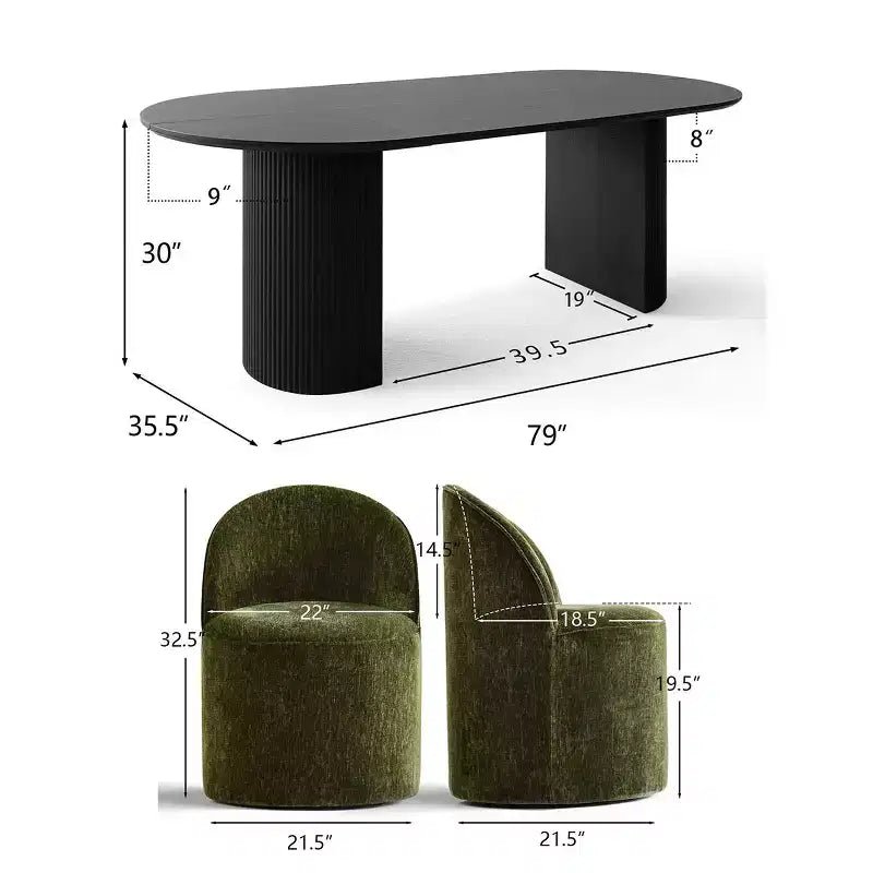 Set da pranzo per 6 persone, tavolo ovale nero, sedie da pranzo imbottite con ruote piroettanti, ciniglia testurizzata da 360gsm - Panipeachy