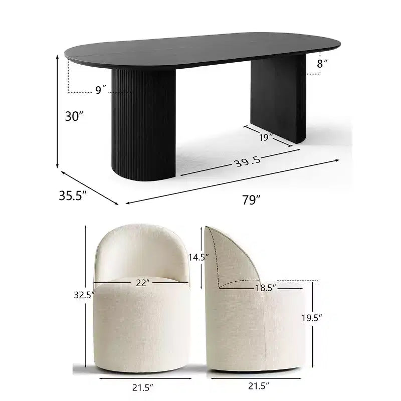 Set da pranzo per 6 persone, tavolo ovale nero, sedie da pranzo imbottite con ruote piroettanti, ciniglia testurizzata da 360gsm - Panipeachy