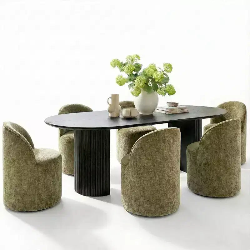 Set da pranzo per 6 persone, tavolo ovale nero, sedie da pranzo imbottite con ruote piroettanti, ciniglia testurizzata da 360gsm - Panipeachy