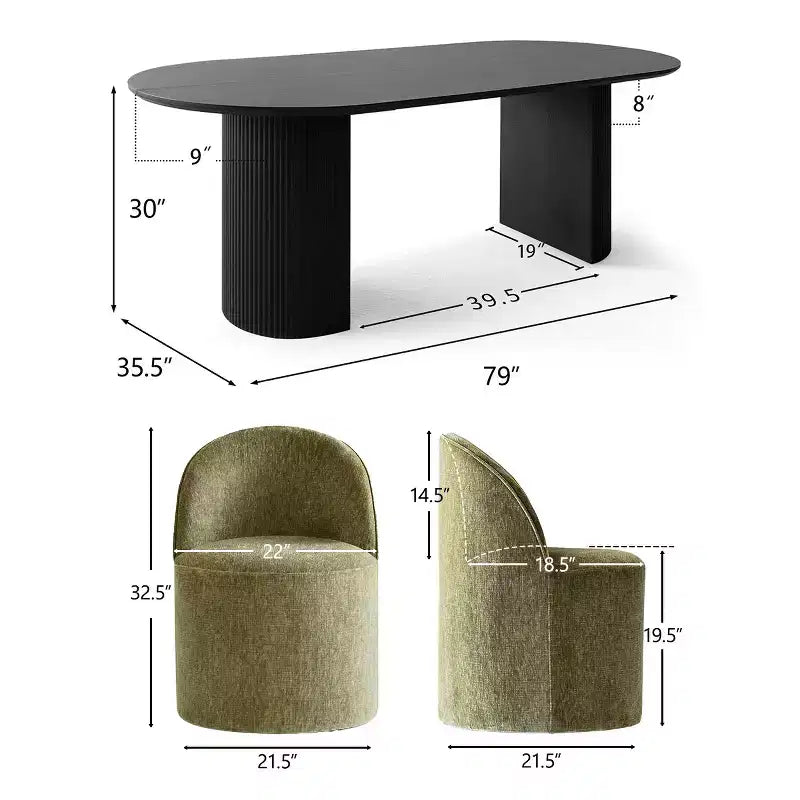 Set da pranzo per 6 persone, tavolo ovale nero, sedie da pranzo imbottite con ruote piroettanti, ciniglia testurizzata da 360gsm - Panipeachy