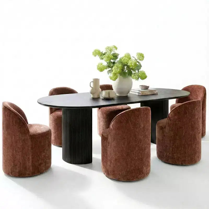 Set da pranzo per 6 persone, tavolo ovale nero, sedie da pranzo imbottite con ruote piroettanti, ciniglia testurizzata da 360gsm - Panipeachy