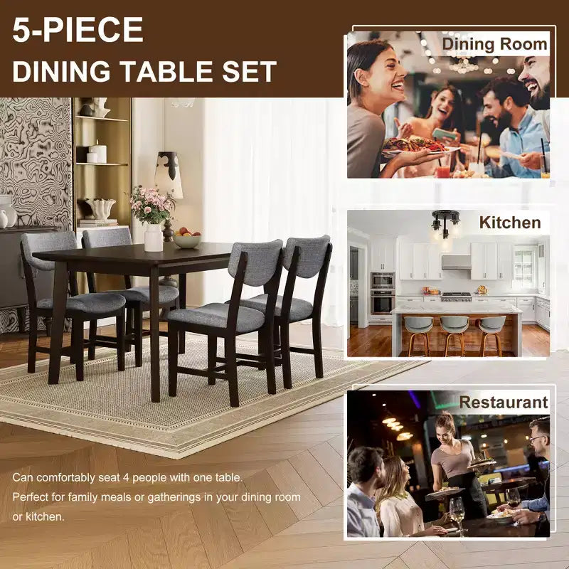 Set da pranzo in stile rustico GDFStudio Conner da 5 pezzi, composto da 1 tavolo in legno massello e 4 sedie imbottite