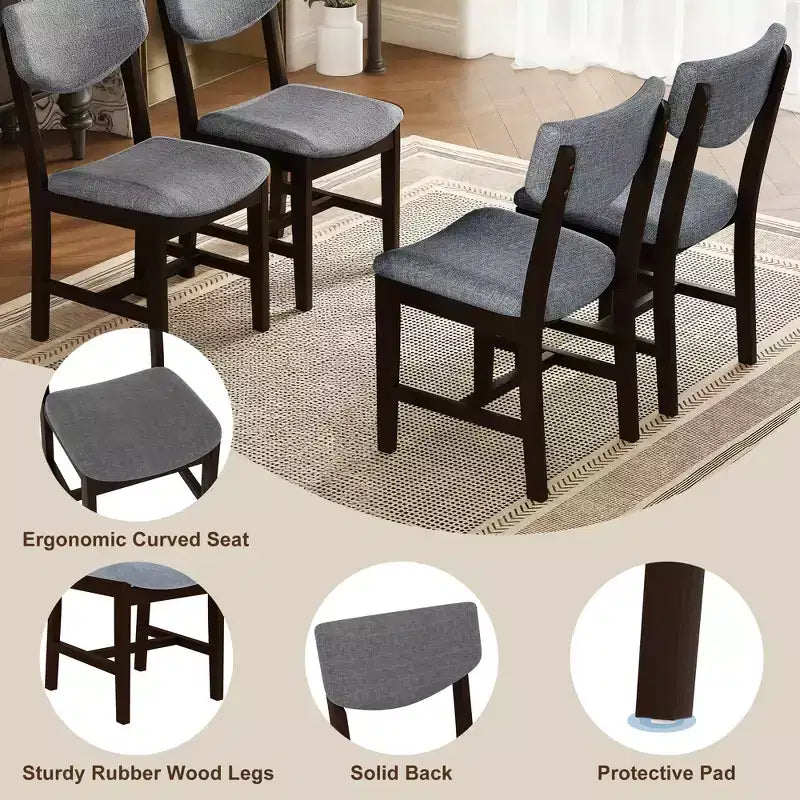 Set da pranzo in stile rustico GDFStudio Conner da 5 pezzi, composto da 1 tavolo in legno massello e 4 sedie imbottite