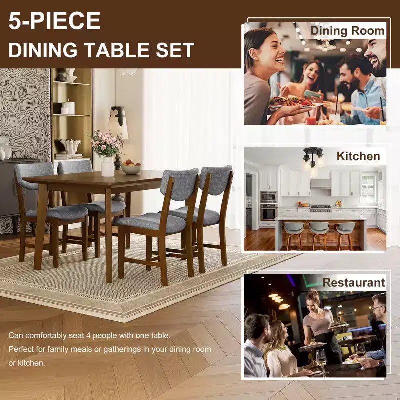 Set da pranzo in stile rustico GDFStudio Conner da 5 pezzi, composto da 1 tavolo in legno massello e 4 sedie imbottite