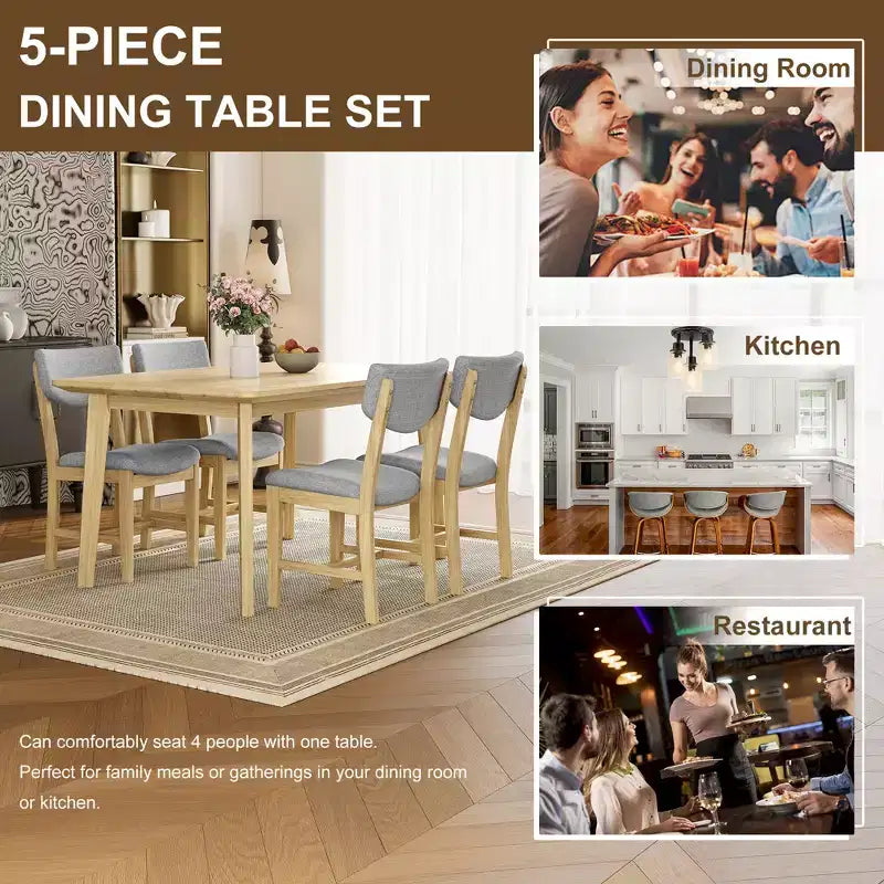 Set da pranzo in stile rustico GDFStudio Conner da 5 pezzi, composto da 1 tavolo in legno massello e 4 sedie imbottite