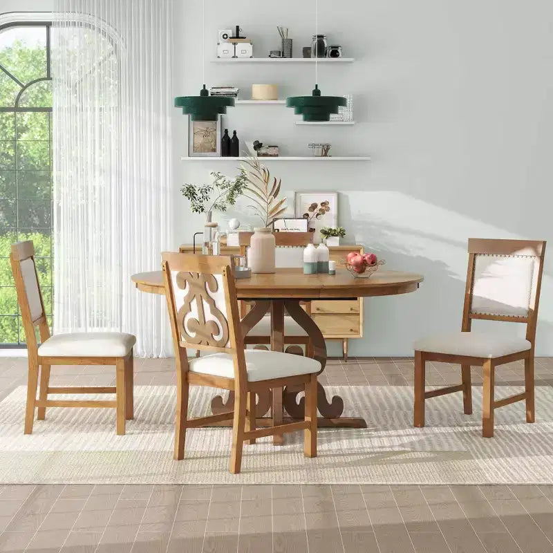 Set da cucina in stile rustico per 4 persone, set da pranzo rotondo in legno allungabile e 4 sedie imbottite, set da pranzo retrò per cucina