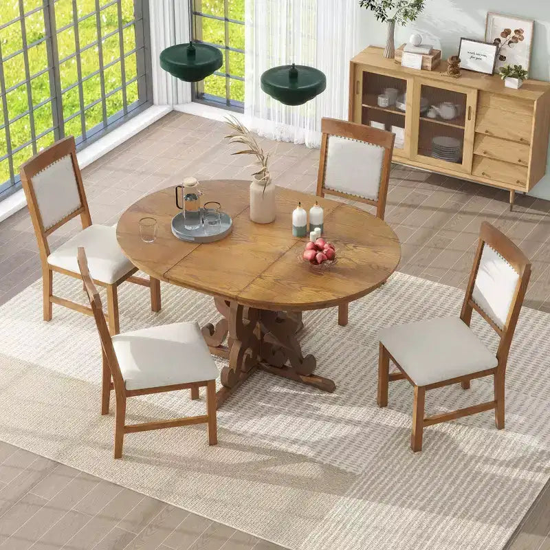 Set da cucina in stile rustico per 4 persone, set da pranzo rotondo in legno allungabile e 4 sedie imbottite, set da pranzo retrò per cucina
