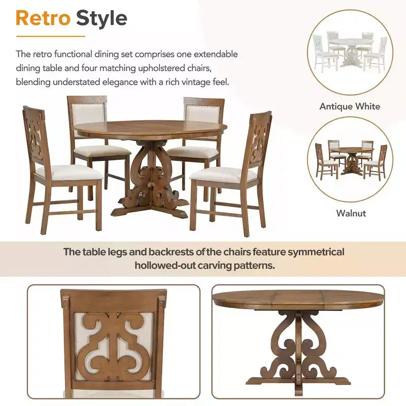 Set da cucina in stile rustico per 4 persone, set da pranzo rotondo in legno allungabile e 4 sedie imbottite, set da pranzo retrò per cucina
