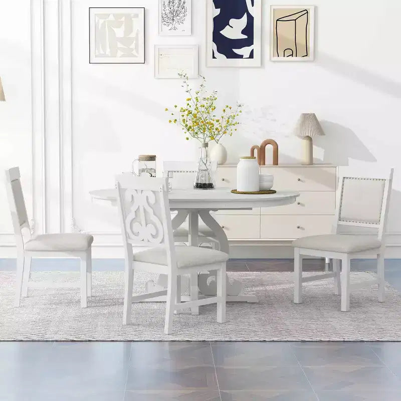 Set da cucina in stile rustico per 4 persone, set da pranzo rotondo in legno allungabile e 4 sedie imbottite, set da pranzo retrò per cucina