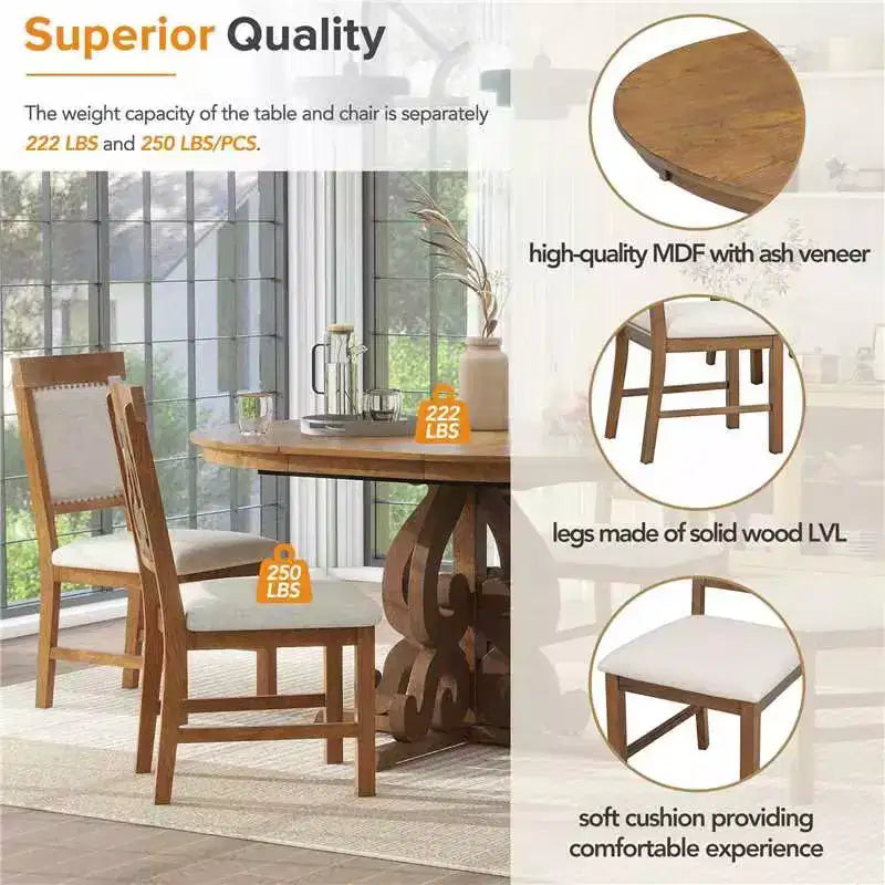 Set da cucina in stile rustico per 4 persone, set da pranzo rotondo in legno allungabile e 4 sedie imbottite, set da pranzo retrò per cucina