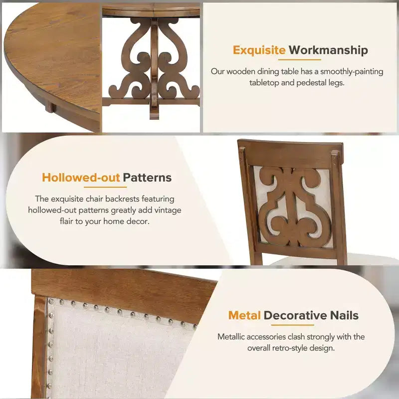 Set da cucina in stile rustico per 4 persone, set da pranzo rotondo in legno allungabile e 4 sedie imbottite, set da pranzo retrò per cucina