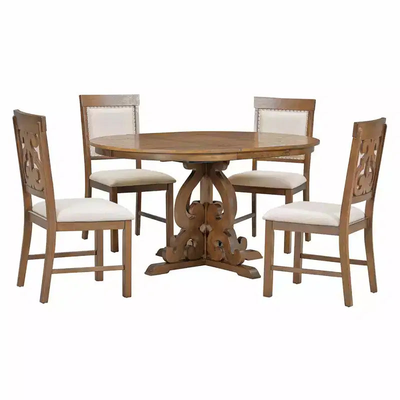 Set da cucina in stile rustico per 4 persone, set da pranzo rotondo in legno allungabile e 4 sedie imbottite, set da pranzo retrò per cucina