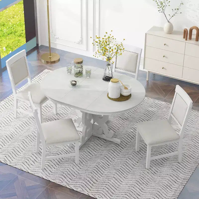Set da cucina in stile rustico per 4 persone, set da pranzo rotondo in legno allungabile e 4 sedie imbottite, set da pranzo retrò per cucina