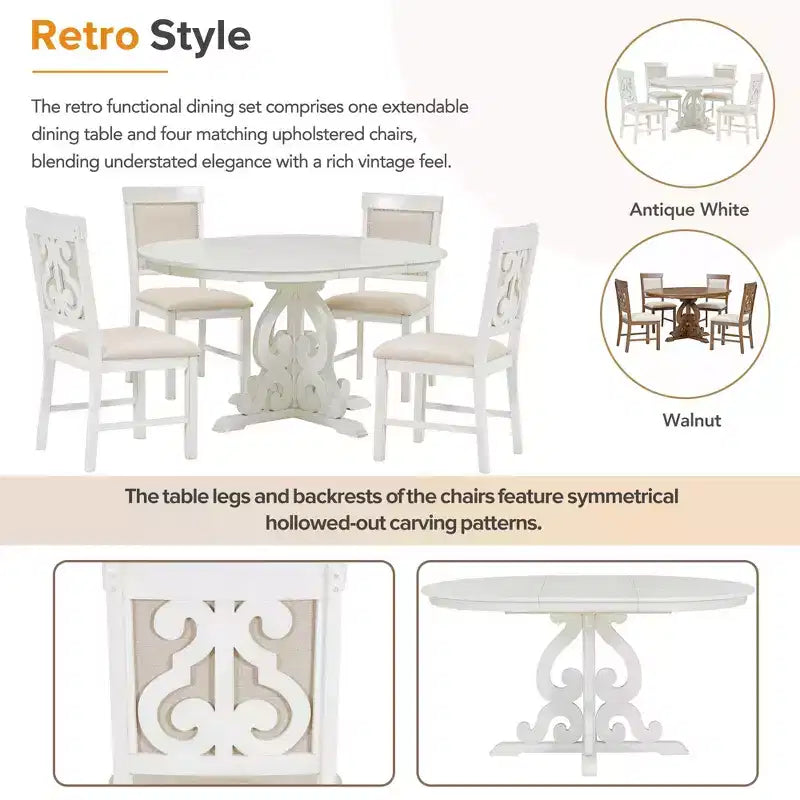 Set da cucina in stile rustico per 4 persone, set da pranzo rotondo in legno allungabile e 4 sedie imbottite, set da pranzo retrò per cucina