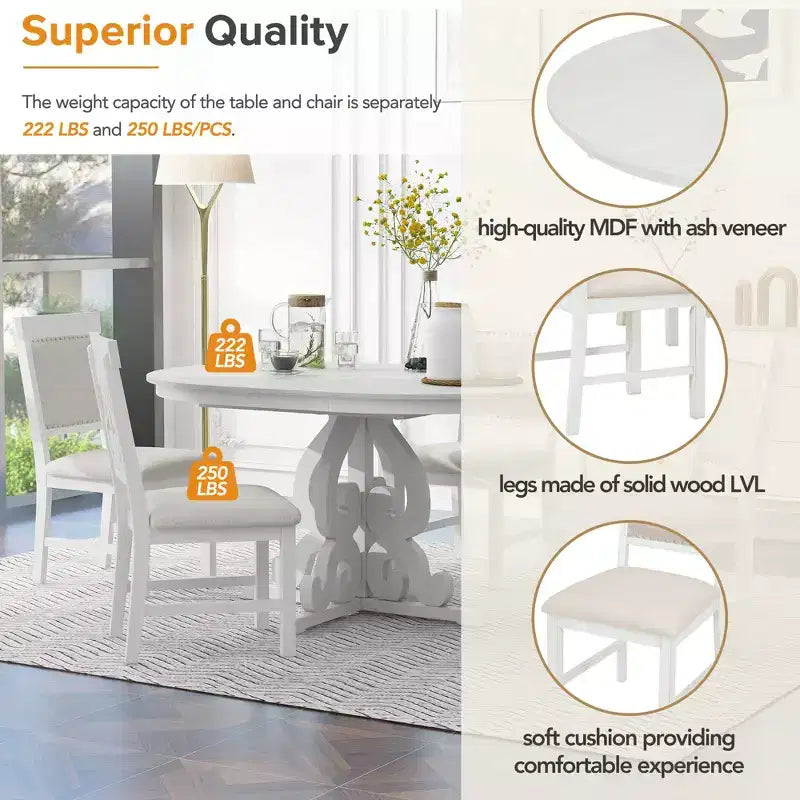 Set da cucina in stile rustico per 4 persone, set da pranzo rotondo in legno allungabile e 4 sedie imbottite, set da pranzo retrò per cucina