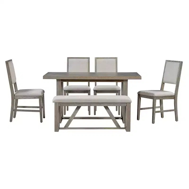 6-teiliges Farmhouse-Esszimmer-Set für 5 Personen, rechteckiges Tisch-Set mit trapezförmigem Tischgestell sowie 4 gepolsterten Stühlen und einer Bank für das Esszimmer
