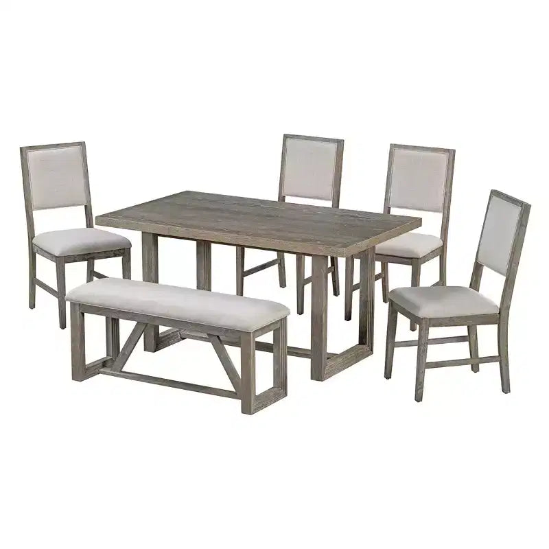 6-teiliges Farmhouse-Esszimmer-Set für 5 Personen, rechteckiges Tisch-Set mit trapezförmigem Tischgestell sowie 4 gepolsterten Stühlen und einer Bank für das Esszimmer