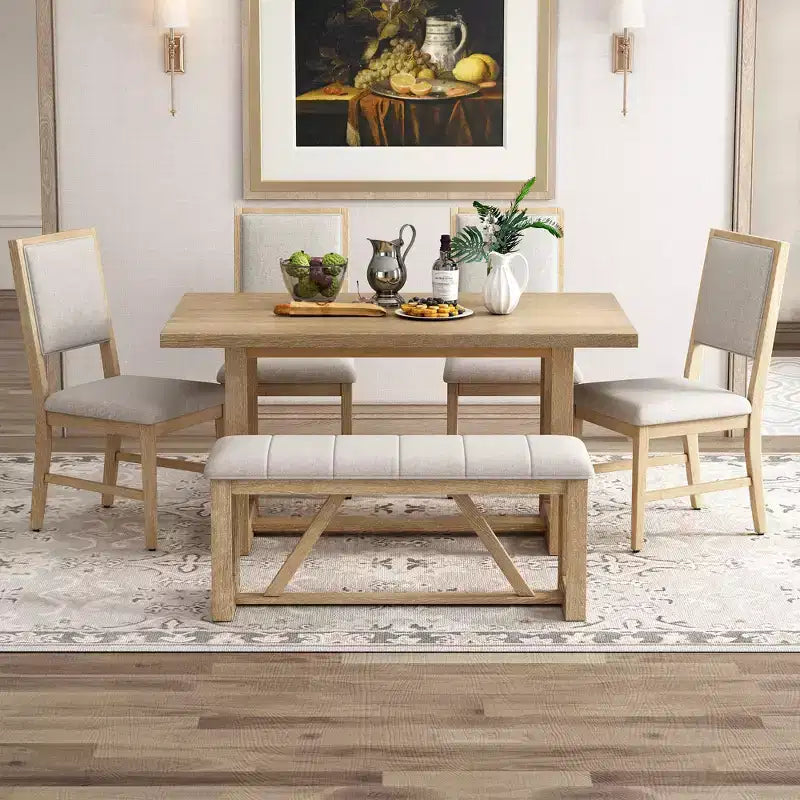 6-teiliges Farmhouse-Esszimmer-Set für 5 Personen, rechteckiges Tisch-Set mit trapezförmigem Tischgestell sowie 4 gepolsterten Stühlen und einer Bank für das Esszimmer