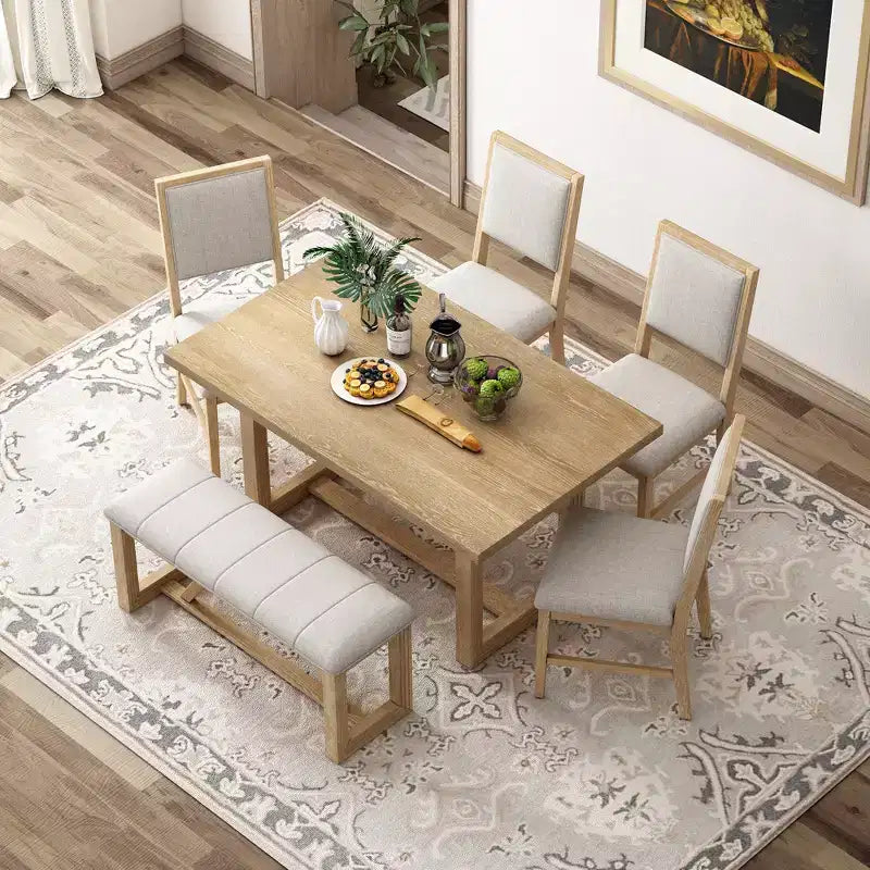 6-teiliges Farmhouse-Esszimmer-Set für 5 Personen, rechteckiges Tisch-Set mit trapezförmigem Tischgestell sowie 4 gepolsterten Stühlen und einer Bank für das Esszimmer