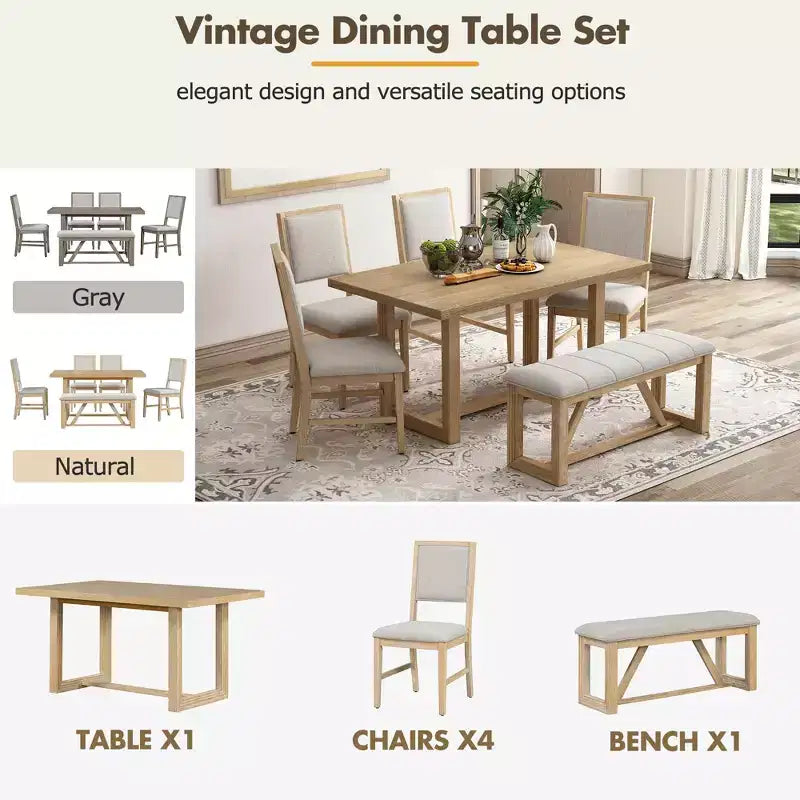 6-teiliges Farmhouse-Esszimmer-Set für 5 Personen, rechteckiges Tisch-Set mit trapezförmigem Tischgestell sowie 4 gepolsterten Stühlen und einer Bank für das Esszimmer