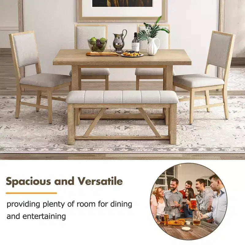 6-teiliges Farmhouse-Esszimmer-Set für 5 Personen, rechteckiges Tisch-Set mit trapezförmigem Tischgestell sowie 4 gepolsterten Stühlen und einer Bank für das Esszimmer