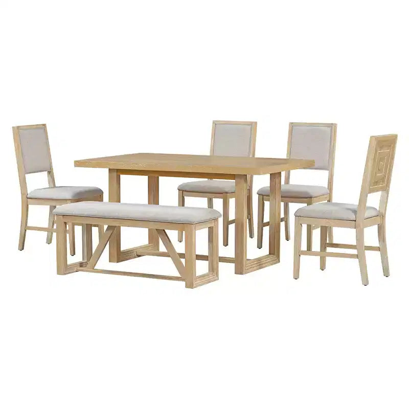 6-teiliges Farmhouse-Esszimmer-Set für 5 Personen, rechteckiges Tisch-Set mit trapezförmigem Tischgestell sowie 4 gepolsterten Stühlen und einer Bank für das Esszimmer
