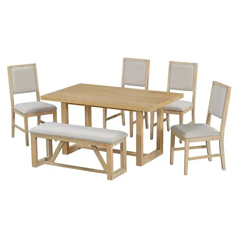 6-teiliges Farmhouse-Esszimmer-Set für 5 Personen, rechteckiges Tisch-Set mit trapezförmigem Tischgestell sowie 4 gepolsterten Stühlen und einer Bank für das Esszimmer