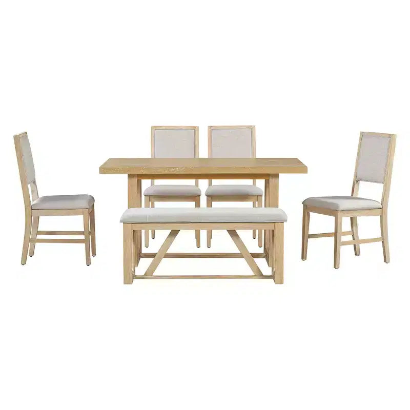 6-teiliges Farmhouse-Esszimmer-Set für 5 Personen, rechteckiges Tisch-Set mit trapezförmigem Tischgestell sowie 4 gepolsterten Stühlen und einer Bank für das Esszimmer