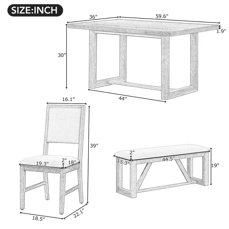 6-teiliges Farmhouse-Esszimmer-Set für 5 Personen, rechteckiges Tisch-Set mit trapezförmigem Tischgestell sowie 4 gepolsterten Stühlen und einer Bank für das Esszimmer