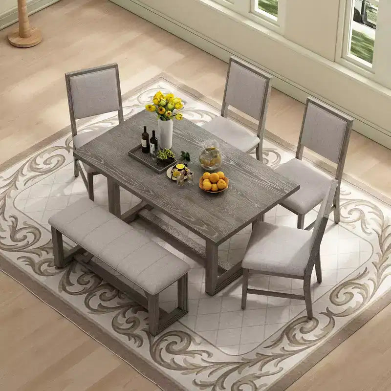 6-teiliges Farmhouse-Esszimmer-Set für 5 Personen, rechteckiges Tisch-Set mit trapezförmigem Tischgestell sowie 4 gepolsterten Stühlen und einer Bank für das Esszimmer