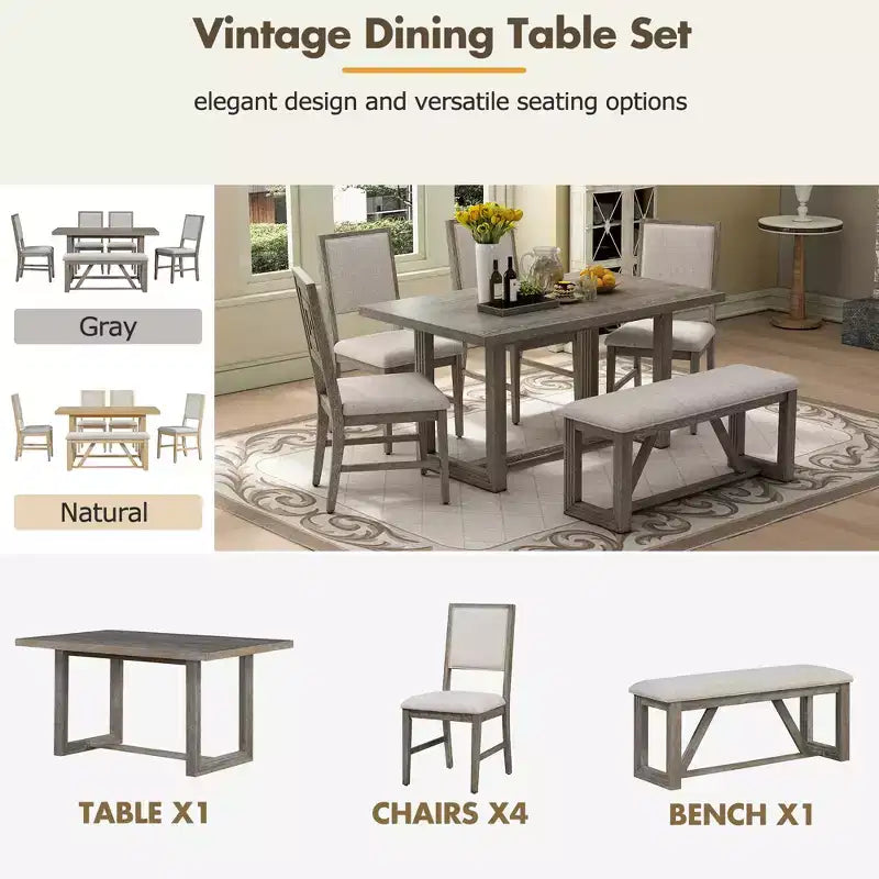 6-teiliges Farmhouse-Esszimmer-Set für 5 Personen, rechteckiges Tisch-Set mit trapezförmigem Tischgestell sowie 4 gepolsterten Stühlen und einer Bank für das Esszimmer