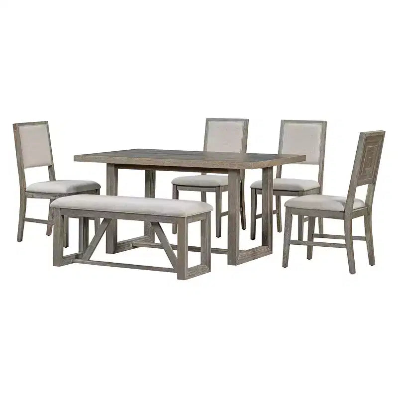 6-teiliges Farmhouse-Esszimmer-Set für 5 Personen, rechteckiges Tisch-Set mit trapezförmigem Tischgestell sowie 4 gepolsterten Stühlen und einer Bank für das Esszimmer