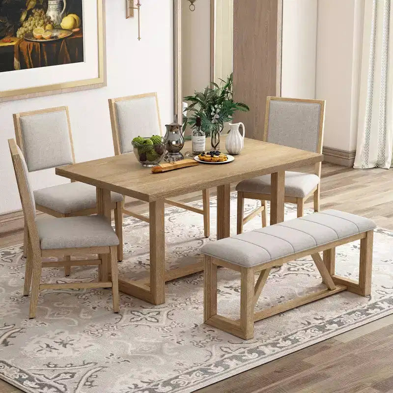 Set da pranzo stile fattoria da 6 pezzi per 5 persone, set con tavolo rettangolare, base trapezoidale, 4 sedie imbottite e panca per la sala da pranzo