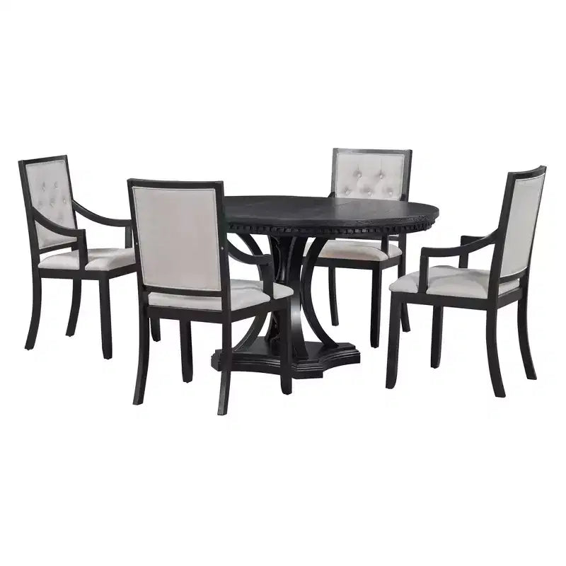 Ronde eethoek in boerderijstijl voor 4 personen, houten uitschuifbare keukentafel met 4 gestoffeerde stoelen
