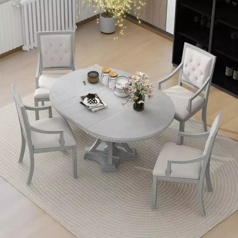 Ronde eethoek in boerderijstijl voor 4 personen, houten uitschuifbare keukentafel met 4 gestoffeerde stoelen