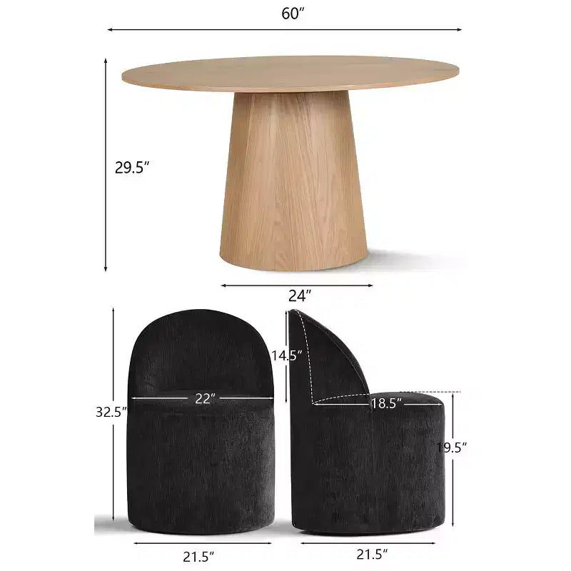 Modernes Esszimmer-Set für 6 Personen, runder Esstisch mit Säulenfuß, drehbare Fassstühle mit Rollen, Chenille-Strukturstoff – Panipeachy