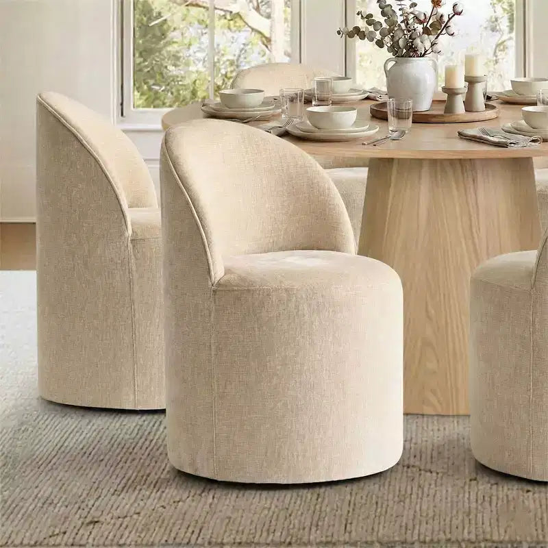 Modernes Esszimmer-Set für 6 Personen, runder Esstisch mit Säulenfuß, drehbare Fassstühle mit Rollen, Chenille-Strukturstoff – Panipeachy