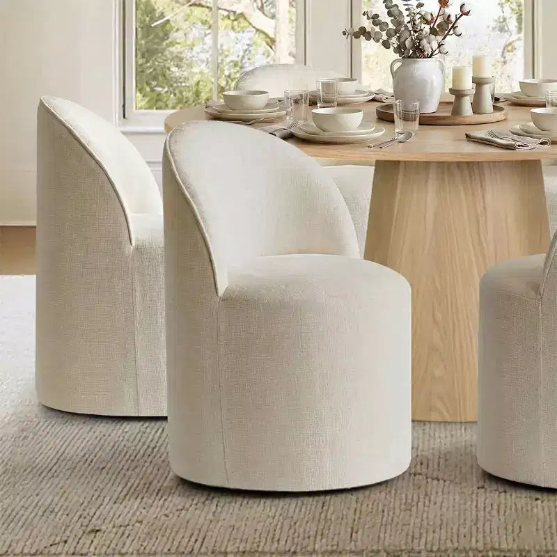 Modernes Esszimmer-Set für 6 Personen, runder Esstisch mit Säulenfuß, drehbare Fassstühle mit Rollen, Chenille-Strukturstoff – Panipeachy