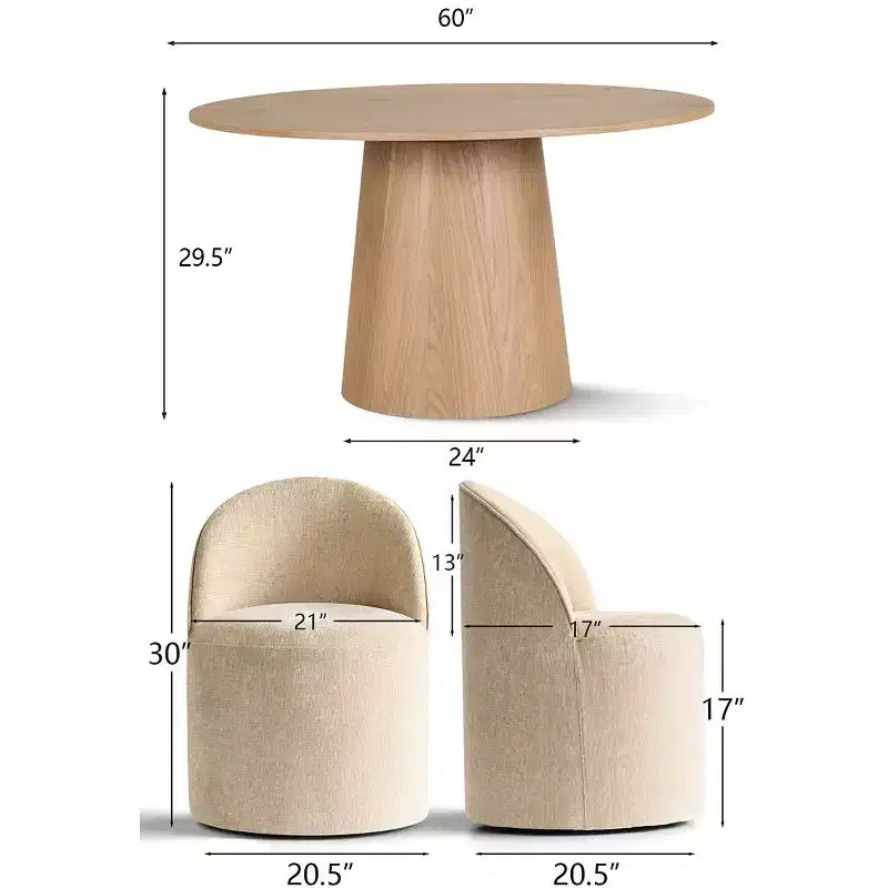 Modernes Esszimmer-Set für 6 Personen, runder Esstisch mit Säulenfuß, drehbare Fassstühle mit Rollen, Chenille-Strukturstoff – Panipeachy