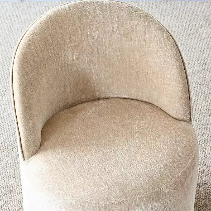 Modernes Esszimmer-Set für 6 Personen, runder Esstisch mit Säulenfuß, drehbare Fassstühle mit Rollen, Chenille-Strukturstoff – Panipeachy