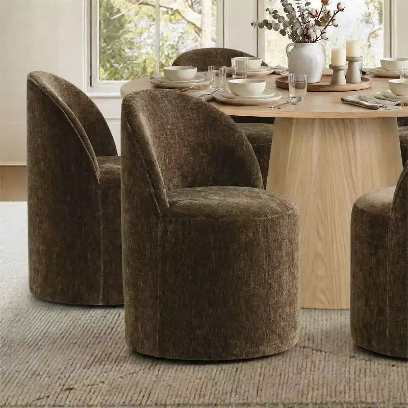Modernes Esszimmer-Set für 6 Personen, runder Esstisch mit Säulenfuß, drehbare Fassstühle mit Rollen, Chenille-Strukturstoff – Panipeachy
