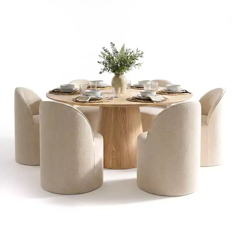 Modernes Esszimmer-Set für 6 Personen, runder Esstisch mit Säulenfuß, drehbare Fassstühle mit Rollen, Chenille-Strukturstoff – Panipeachy