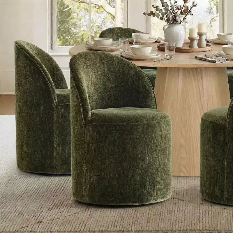 Modernes Esszimmer-Set für 6 Personen, runder Esstisch mit Säulenfuß, drehbare Fassstühle mit Rollen, Chenille-Strukturstoff – Panipeachy