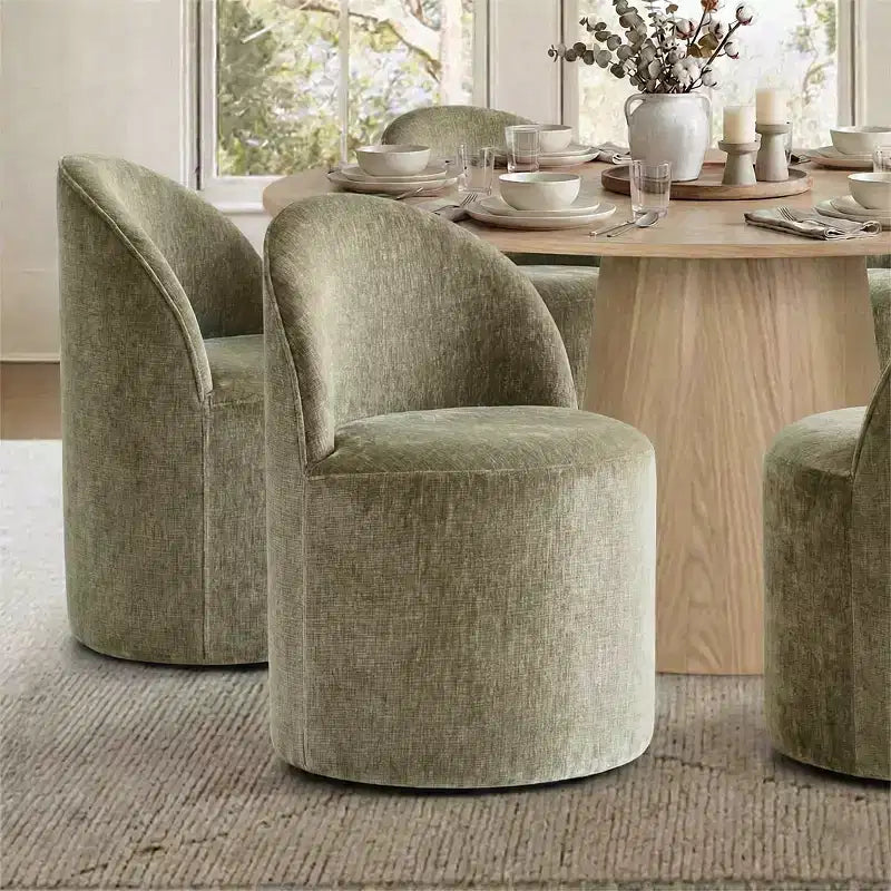 Modernes Esszimmer-Set für 6 Personen, runder Esstisch mit Säulenfuß, drehbare Fassstühle mit Rollen, Chenille-Strukturstoff – Panipeachy